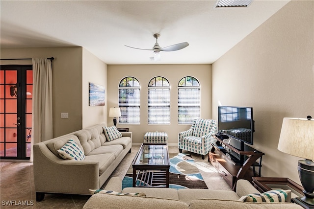 living room with ceiling fan