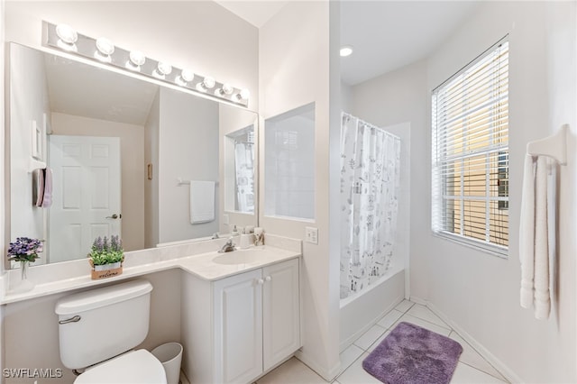 full bathroom with tile patterned flooring, vanity, shower / tub combo, and toilet