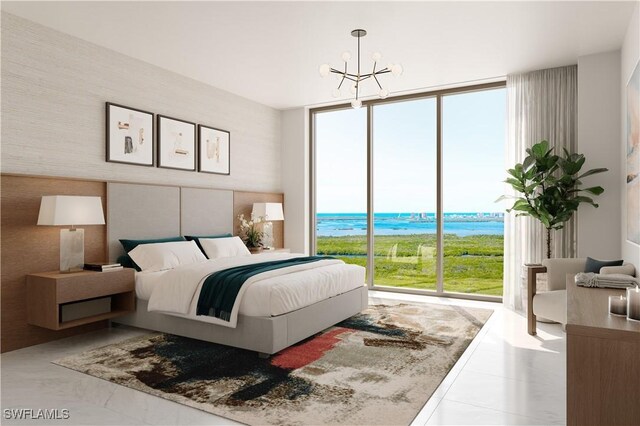 5100 Baybridge Blvd Unit 1601, Estero, FL 33928 - bedroom with floor to ceiling windows, a chandelier, a water view, and access to outside