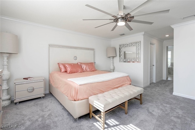 bedroom featuring light carpet, ceiling fan, and crown molding