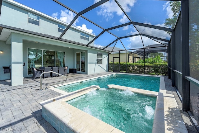 view of swimming pool with an outdoor living space, glass enclosure, and a patio area