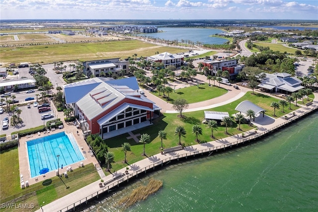 aerial view featuring a water view