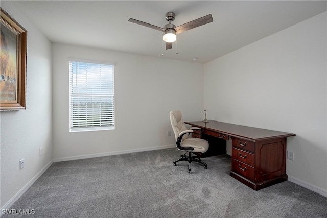 office area with light carpet and ceiling fan