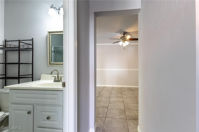 bathroom with tile patterned floors, ceiling fan, toilet, and vanity