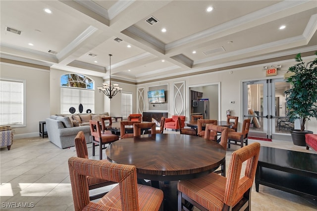 tiled dining area with beam ceiling, a chandelier, coffered ceiling, and ornamental molding