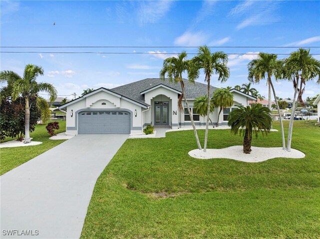 ranch-style home featuring a garage and a front yard