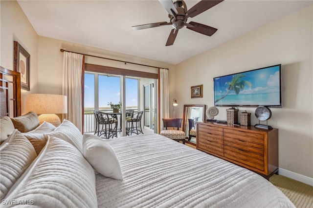 carpeted bedroom with access to outside and ceiling fan