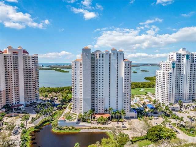 birds eye view of property featuring a water view