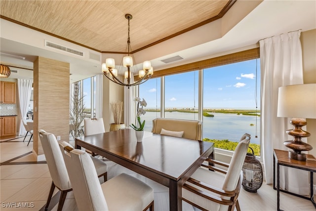 dining space with ornamental molding, a water view, wood ceiling, and a notable chandelier