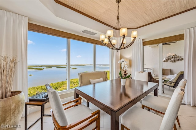 tiled dining space with a water view, a notable chandelier, ornamental molding, and wood ceiling