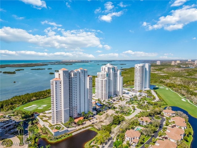 bird's eye view with a water view