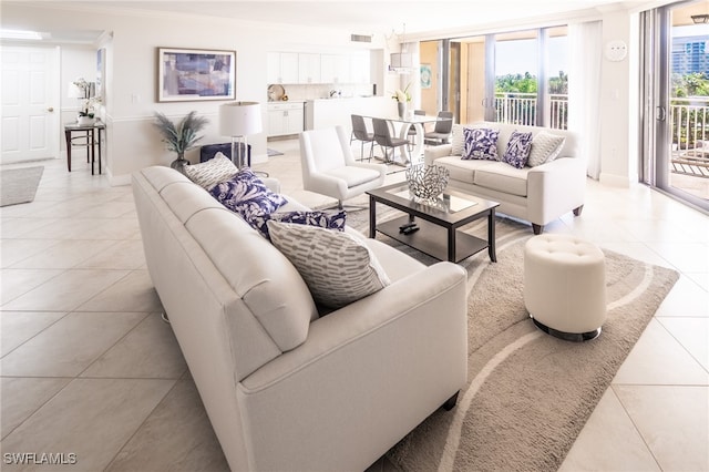 tiled living room with crown molding