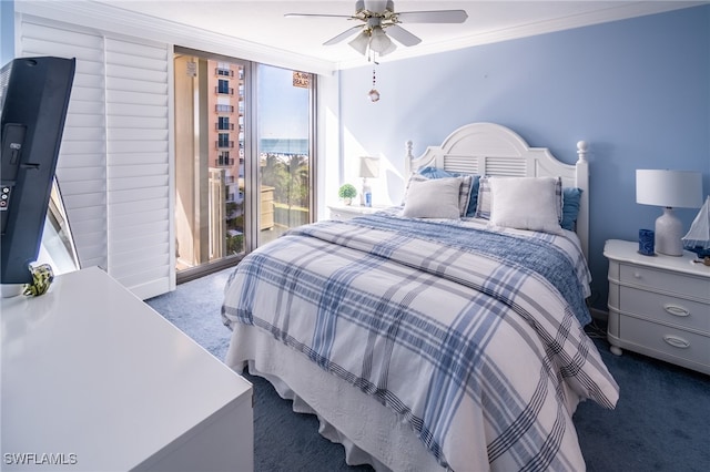 bedroom with dark colored carpet, ceiling fan, and crown molding