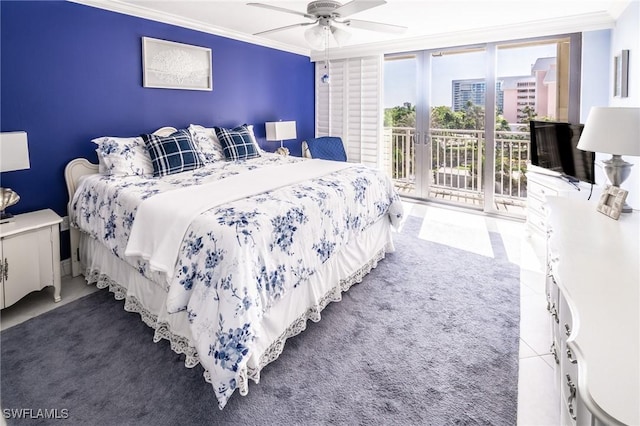 bedroom with floor to ceiling windows, access to outside, ceiling fan, and ornamental molding