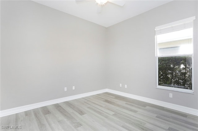 empty room with ceiling fan and light hardwood / wood-style flooring