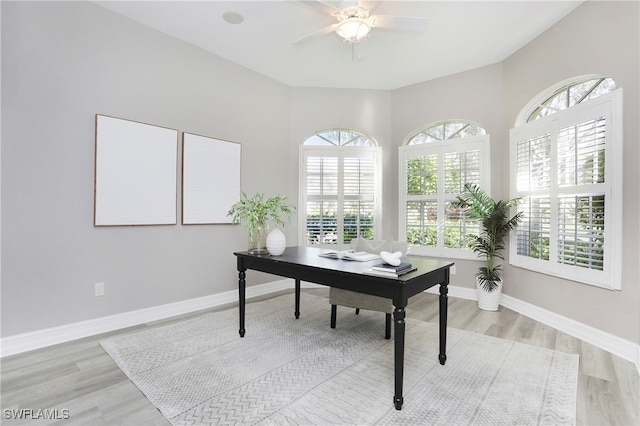 office area featuring light hardwood / wood-style flooring, plenty of natural light, and ceiling fan