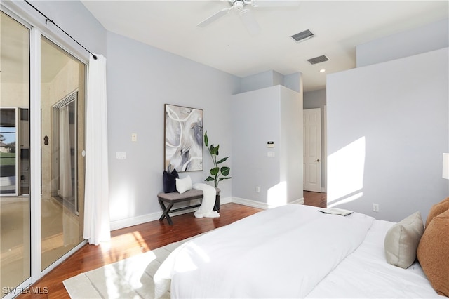 bedroom with hardwood / wood-style floors and ceiling fan