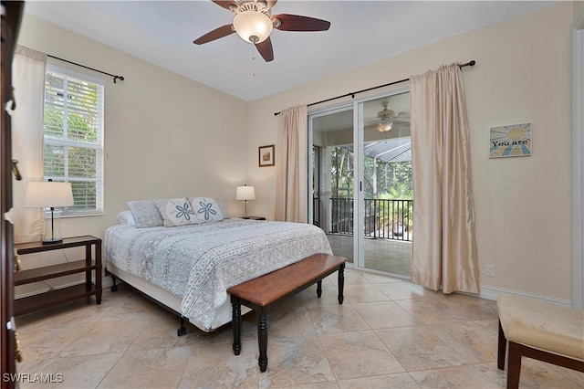 bedroom featuring access to exterior, multiple windows, and ceiling fan