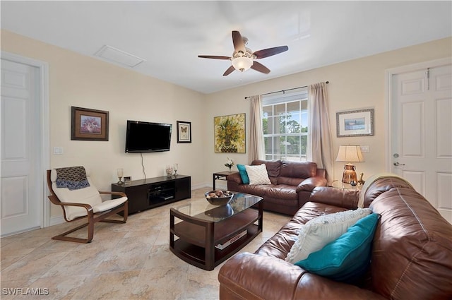 living room with ceiling fan