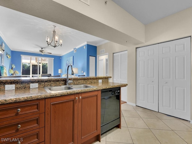 kitchen with crown molding, sink, pendant lighting, dishwasher, and light tile patterned flooring