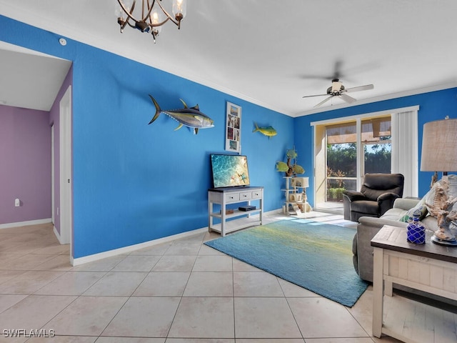 tiled living room featuring ceiling fan with notable chandelier and crown molding