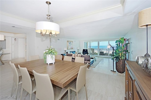 dining area featuring floor to ceiling windows, crown molding, and a chandelier