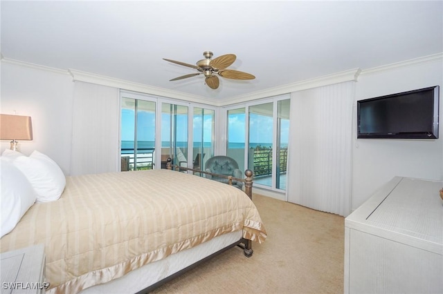 bedroom featuring ceiling fan, access to exterior, and crown molding