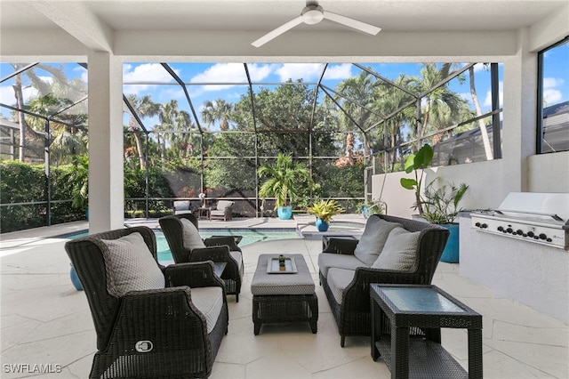 view of patio / terrace featuring glass enclosure, an outdoor kitchen, outdoor lounge area, and area for grilling