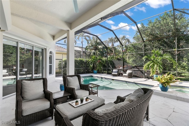 view of swimming pool with glass enclosure, an outdoor hangout area, and a patio