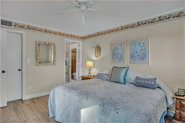 bedroom featuring light wood-type flooring and ceiling fan