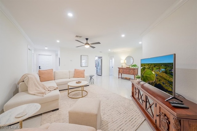 living area featuring crown molding, light tile patterned floors, recessed lighting, visible vents, and a ceiling fan