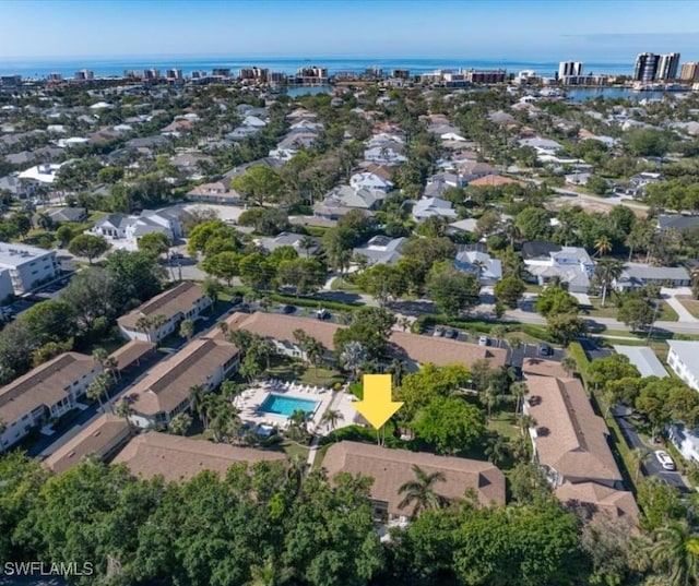 drone / aerial view featuring a water view