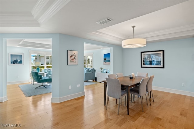 dining space with a tray ceiling, a healthy amount of sunlight, and light hardwood / wood-style floors