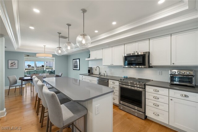 411 Bella Vista Way E, Sanibel, FL 33957 - kitchen featuring a raised ceiling, stainless steel appliances, a sink, ornamental molding, and decorative backsplash