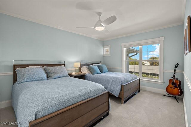 411 Bella Vista Way E, Sanibel, FL 33957 - bedroom featuring baseboards, crown molding, light carpet, and a ceiling fan