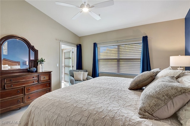 bedroom featuring ceiling fan and vaulted ceiling