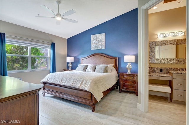 bedroom featuring ceiling fan and vaulted ceiling