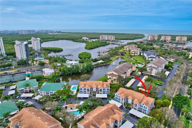 drone / aerial view featuring a water view