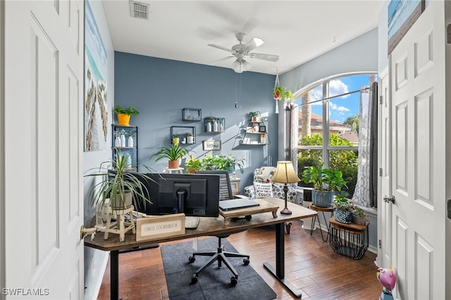 office with ceiling fan and dark hardwood / wood-style floors