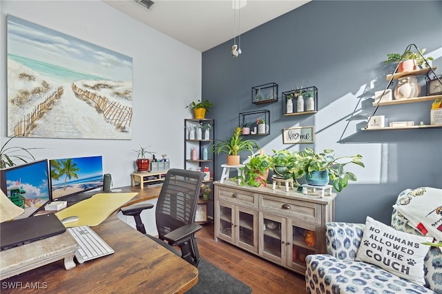 office space featuring dark wood-type flooring