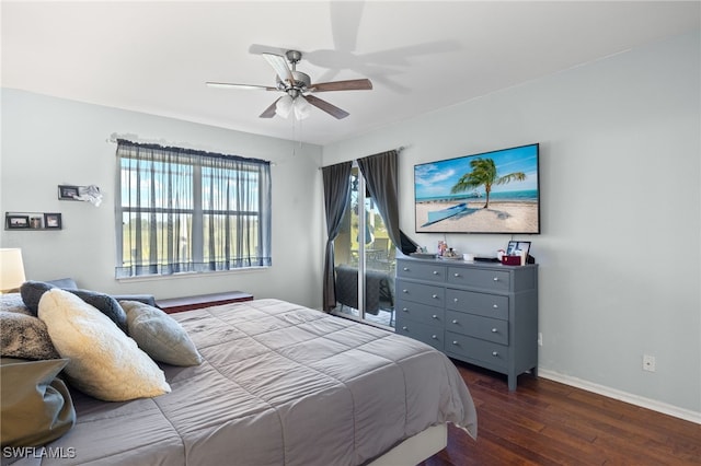 bedroom with access to exterior, dark hardwood / wood-style flooring, and ceiling fan