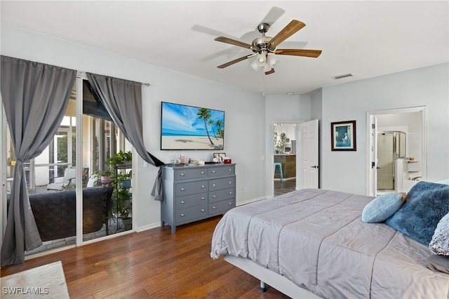 bedroom featuring access to outside, connected bathroom, ceiling fan, and dark hardwood / wood-style flooring