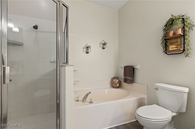 bathroom with separate shower and tub, wood-type flooring, and toilet