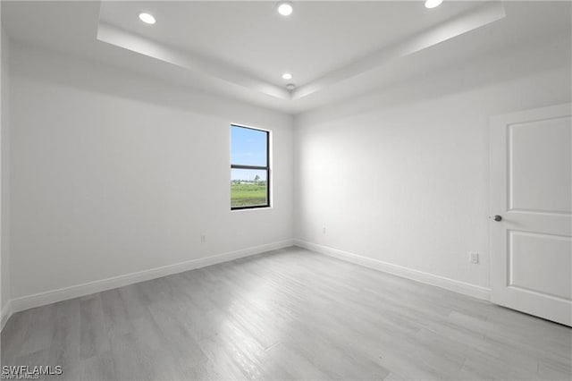 empty room with light hardwood / wood-style floors and a raised ceiling