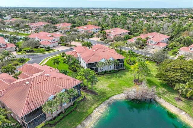 drone / aerial view featuring a water view