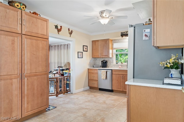 kitchen featuring stainless steel dishwasher, ceiling fan, ornamental molding, light tile patterned floors, and tasteful backsplash