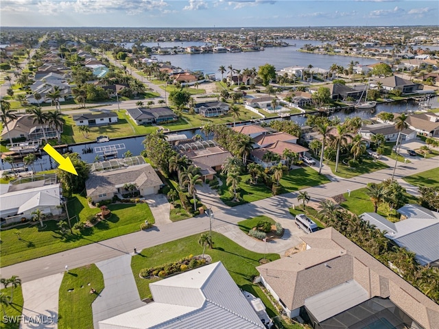 aerial view featuring a water view