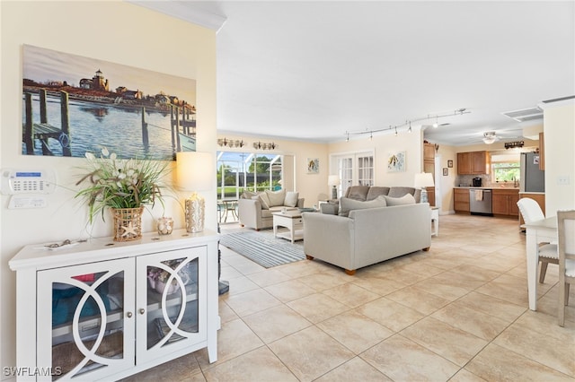 tiled living room with french doors