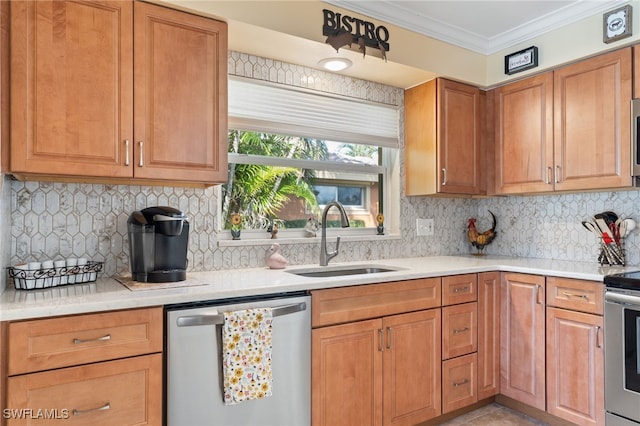 kitchen with sink, ornamental molding, appliances with stainless steel finishes, tasteful backsplash, and light tile patterned flooring