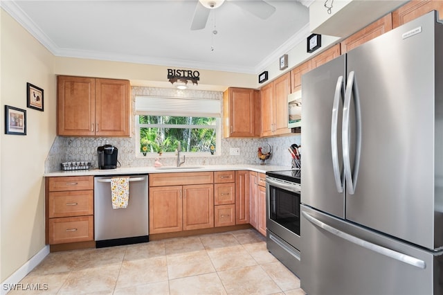 kitchen with decorative backsplash, crown molding, sink, and appliances with stainless steel finishes